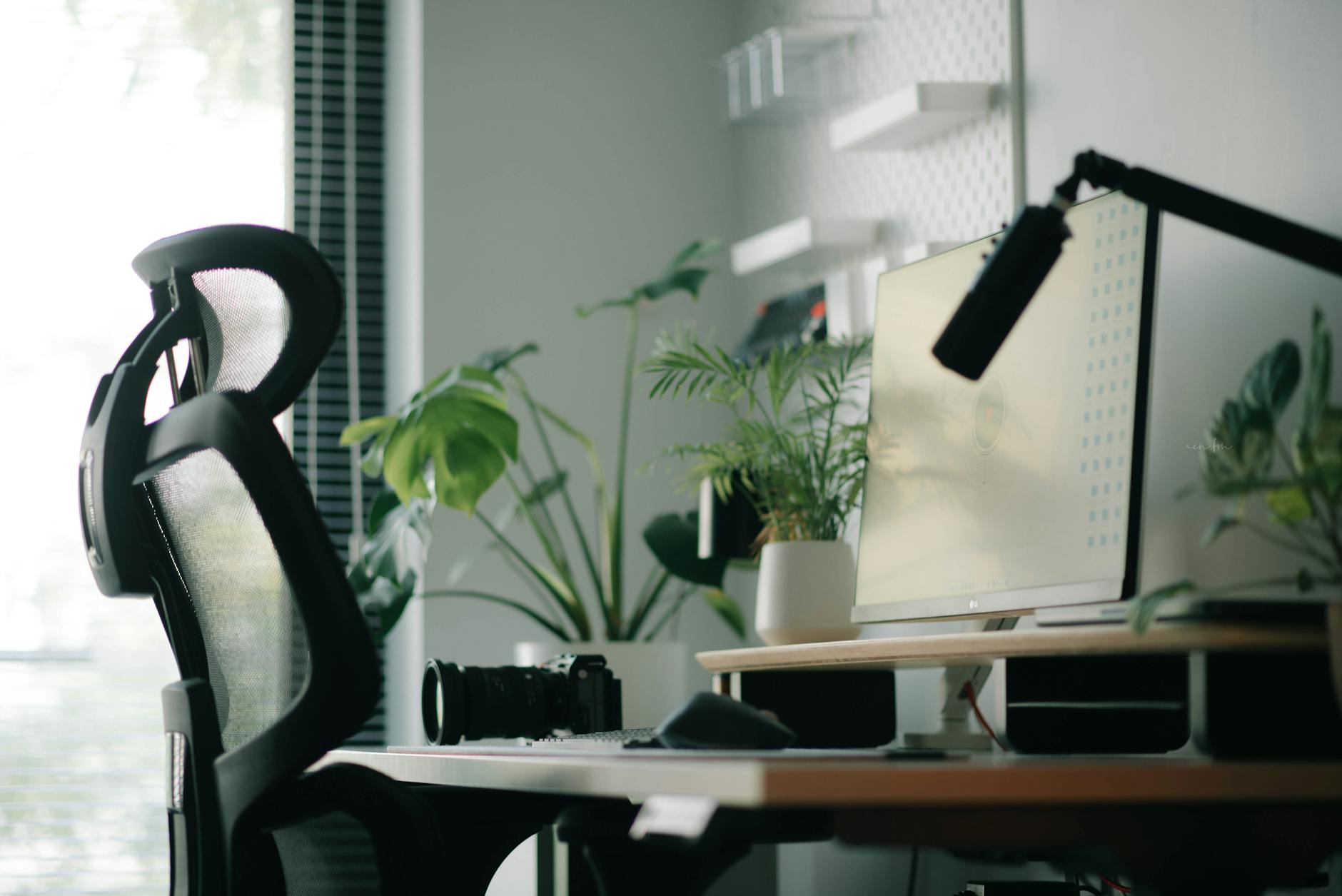 Stylowe domowe biuro z ergonomicznym fotelem, komputerem i roślinami