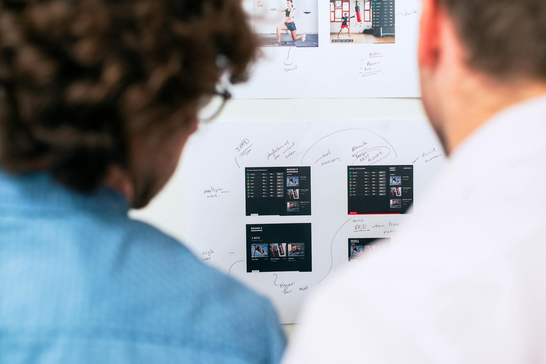 Dwoje współpracowników planuje projekt przy tablicy w biurze